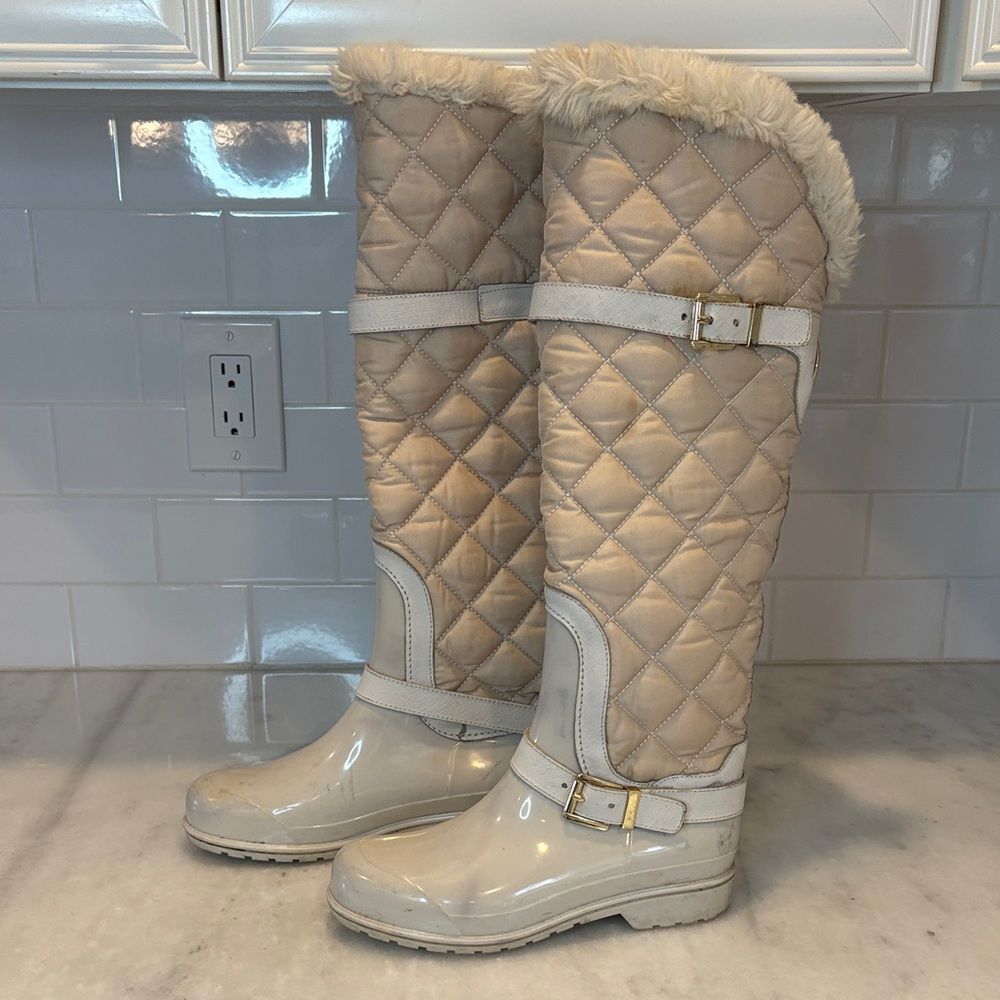 Michael Kors Boots Fulton Harness Quilted Tall Fur Lined Rainboots Winter Size 6